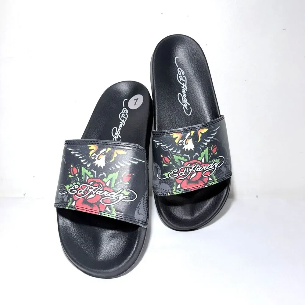 Ed Hardy Eagle-Roses-Tattoo Black Slides/Flip-Flops Size 7 NWT